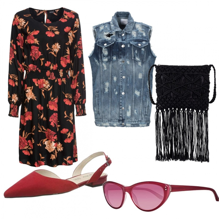 Outfit donna - Bohémien style. Stile Trendy per Tutti i giorni. Abbinamento con giacca delavé collo classico in denim tinta unita, vestiti midi/longuette, vestito con arricciature fantasia con scollo a maniche lunghe nero, sandali, occhiali da sole.