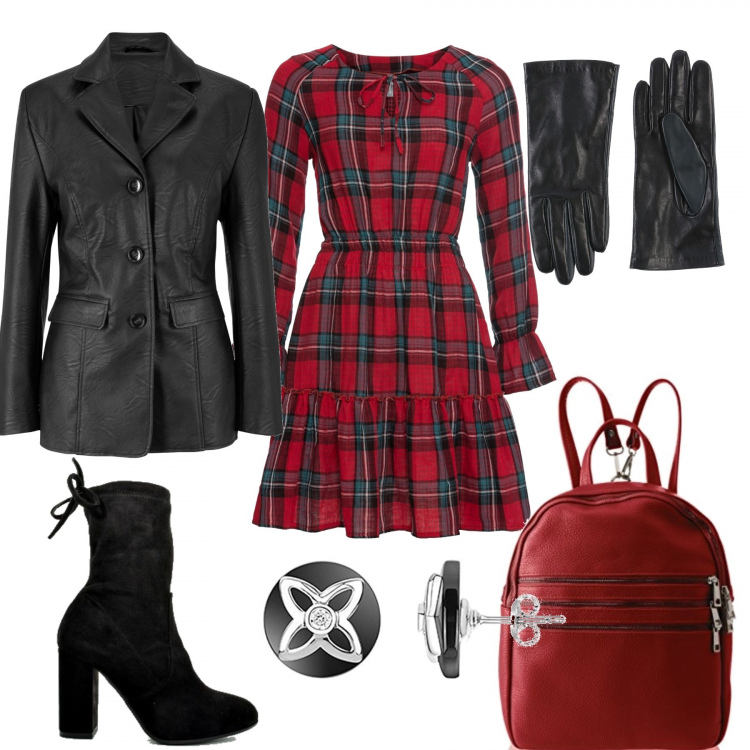 Outfit donna - Il vestito scozzese. Stile Urban per Tutti i giorni. Abbinamento con blazer, jeans, guanti tinta unita, stivali, zaini, orecchini in argento 925 bianco.