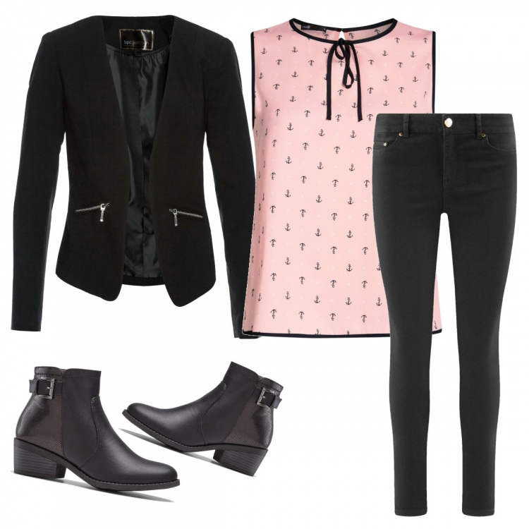 Outfit donna - Bon Ton #13387. Stile Bon Ton per Ufficio. Abbinamento con blazer, stivaletti, top, jeans skinny.