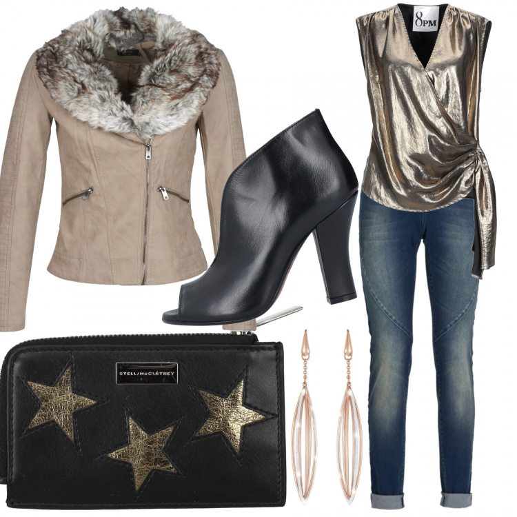 Outfit donna - Stella McCartney. Stile Urban per Serata fuori. Abbinamento con jeans boyfriend, top, stivaletti open toe tinta unita, portadocumenti eco nero, giacca beige, orecchini glitter in ottone.