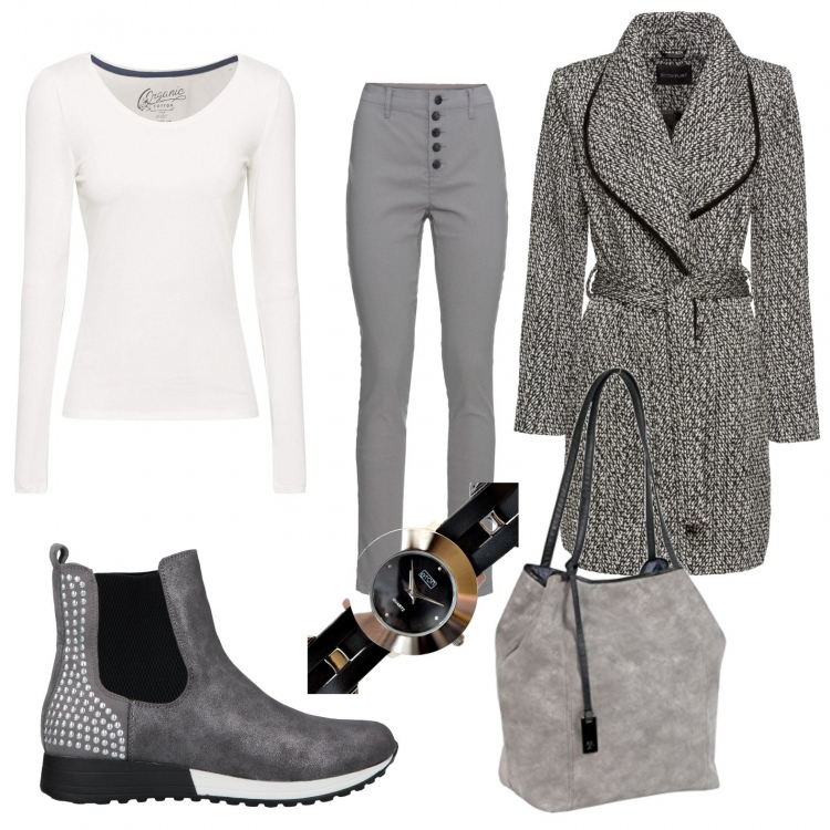 Outfit donna - Trendy #27678. Stile Trendy per Tutti i giorni. Abbinamento con pantaloni chino, giacca a portafoglio con cintura nero, stivaletti con zeppe effetto scamosciato con punta tonda tinta unita, orologio analogico, shopping bag con zip in denim grigio, t-shirt a maniche lunghe bianco.