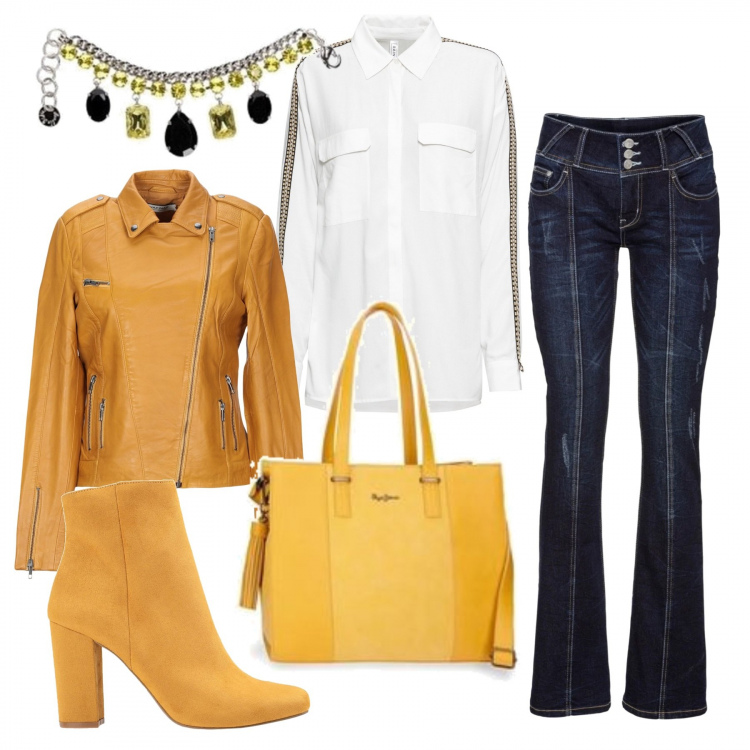Outfit donna - Una ragazza "solare". Stile Trendy per Scuola/Università. Abbinamento con jeans bootcut, jeans, stivaletti, giubbotto collo con revers a maniche lunghe con zip interno foderato tinta unita, braccialetti, borsa a tracolla con frange e zip con tracolla regolabile giallo.