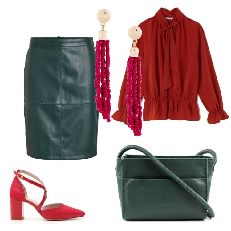 Outfit donna - Rosso e verdone. Stile Bon Ton per Ufficio. Abbinamento con orecchini con perle fucsia, blusa con fiocco e arricciature a maniche lunghe tinta unita, gonna verde, borse a spalla, décolleté.