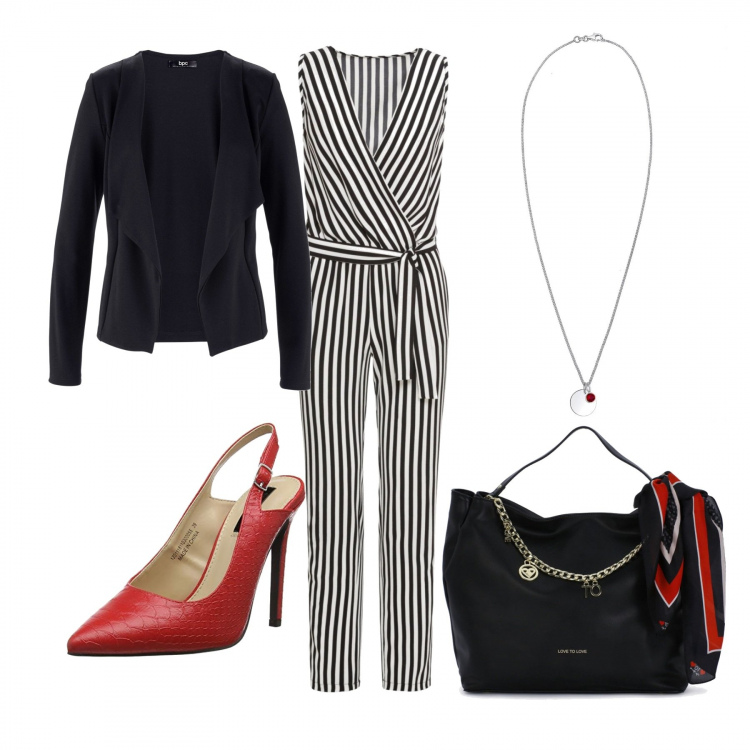 Outfit donna - A lavoro con grinta. Stile Urban per Ufficio. look ideale per Tall. Abbinamento con blazer, salopette, shopping bag nero, collane, scarpe slingback con cinturino e tacco rosso.
