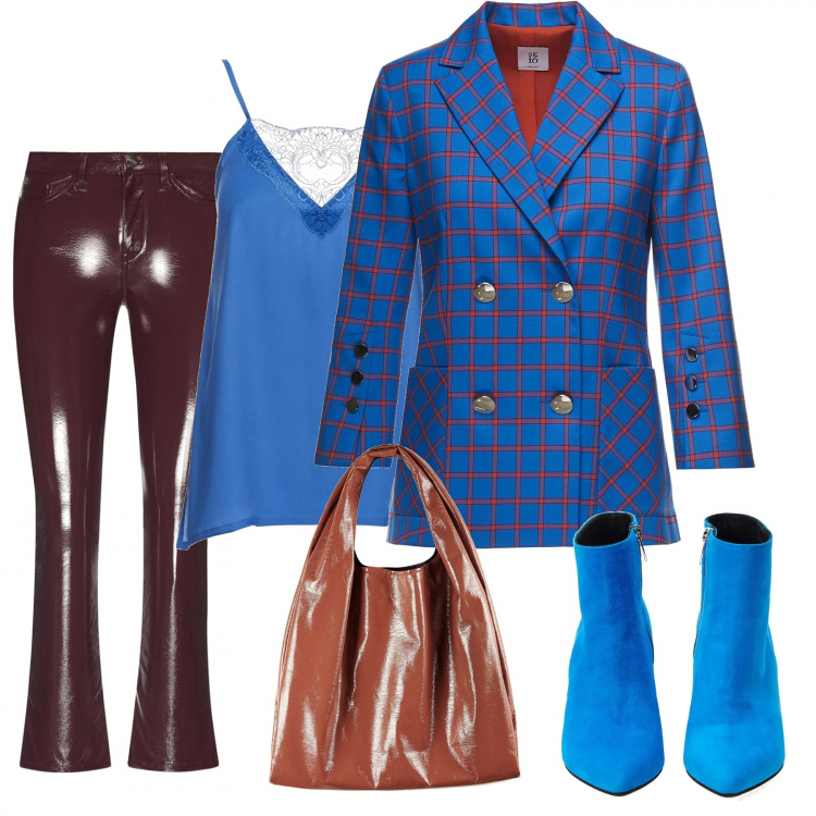 Outfit donna - Sfizio azzurro. Stile Basic per Ufficio. Abbinamento con pantalone forma svasata con cinturino e zip made italy bordeaux, giacca doppiopetto con spacco e stampa a maniche lunghe con bottoni blu, shopping bag made italy in ecopelle nero, top con pizzo effetto acetato con scollo in seta made italy blu, tronchetti made italy in pelle blu e nero.
