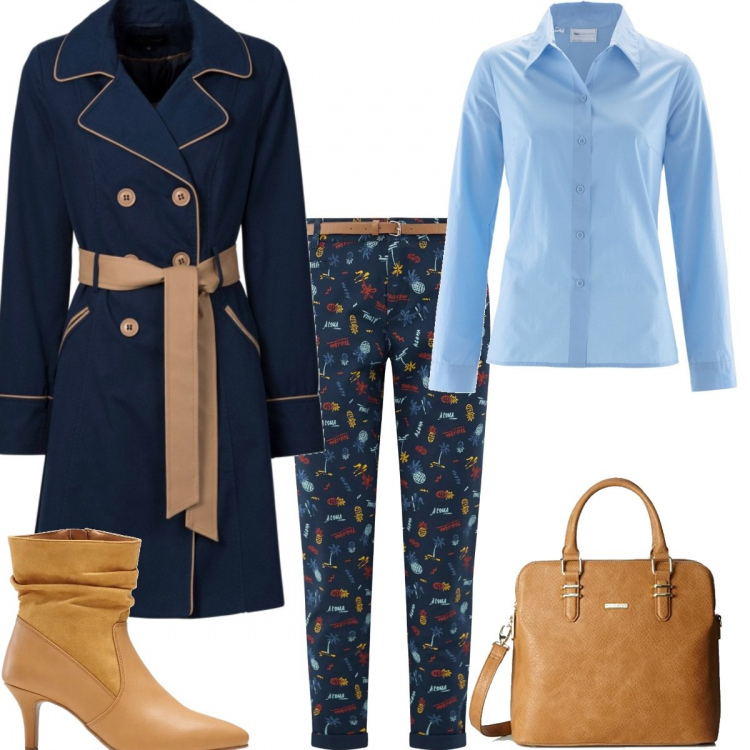 Outfit donna - Dal mattino al pomeriggio. Stile Basic per Tutti i giorni. Abbinamento con trench, camicie, maglieria, pantaloni chino, portafoglio marrone.