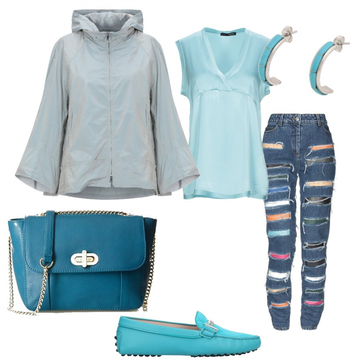 Outfit donna - Accompagnando I bimbi a scuola. Stile Basic per Tutti i giorni. Abbinamento con mocassini effetto scamosciato senza tacco interno in pelle con punta tonda tinta unita, giubbotto, top collo a v in raso tinta unita, jeans dritti, orecchini con farfallina argento e turchese, shopping bag petite taglia unica blu.