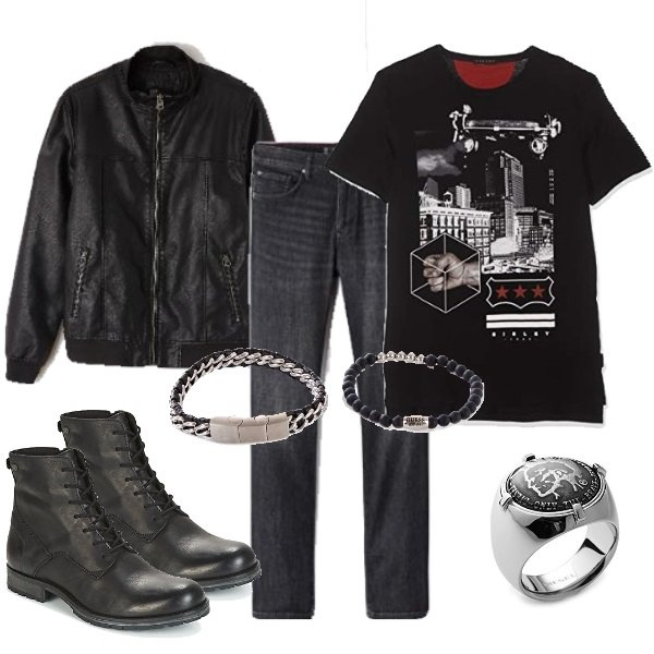 Outfit uomo - Rock come Liga. Stile Biker Rock per Tutti i giorni. Abbinamento con stivaletti in pelle nero, bracciale nero, bomber collo alto in ecopelle nero, anelli, t-shirt nero, jeans dritti.