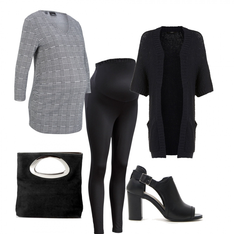 Outfit donna - Basic #17261. Stile Basic per Tutti i giorni. look ideale per Premaman. Abbinamento con leggings, body, pullover premaman a maniche corte blu e blu scuro, stivaletti, borsa a mano nero.