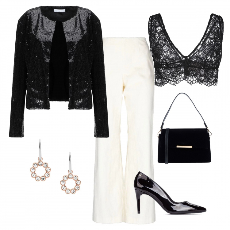 Outfit mujer - Noche 1. Estilo Sexy para Noche/Fiesta elegante. Combinación con pendientes, zapatos de tacón, giacca, pantalone, top, borsa a tracolla.