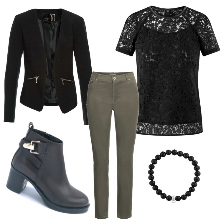 Outfit donna - Trendy #27764. Stile Trendy per Ufficio. Abbinamento con blazer, pantalone skinny vita alta verde, stivaletti marrone, camicetta con pizzo a maniche corte aderente nero, braccialetti.