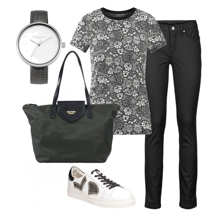 Outfit donna - Verde scuro. Stile Basic per Tutti i giorni. Abbinamento con jeans, borsa a mano maxi fantasia multicolore con zip, sneakers con strass effetto metallizzato con punta tonda bianco, t-shirt con stampa e scollo aderente nero, orologi.