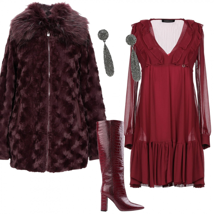 Outfit donna - Pantone Rosso merlot FW 2019/20. Stile Sexy per Serata fuori. Abbinamento con vestito corto, ecopelliccia collo classico a maniche lunghe con zip interno foderato in pelle sintetica tinta unita, stivali, orecchini.