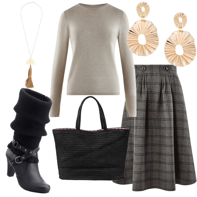 Outfit donna - A passeggio con la mamma. Stile Trendy per Tutti i giorni. Abbinamento con stivali, shopping bag nero, orecchini con cerchi oro, collana, gonna midi vita alta con tasche grigio, maglione con scollo a maniche lunghe aderente beige.