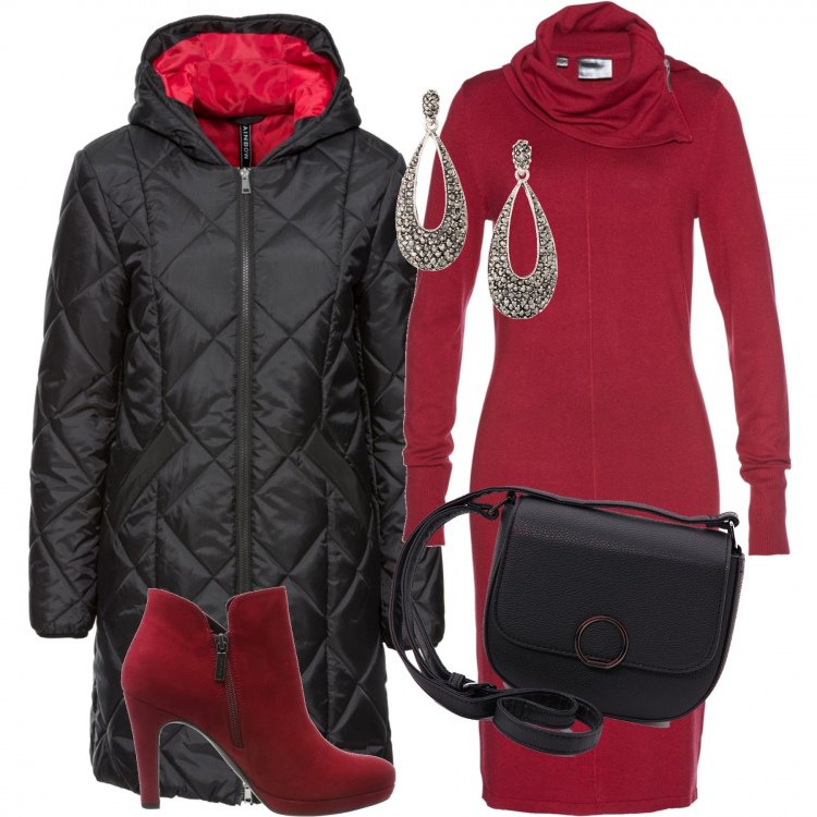 Outfit donna - Rosso: come un buon vino. Stile Trendy per Ufficio. Abbinamento con vestito collo alto in in maglia rosso, cappotti, orecchini, borsa a tracolla effetto martellato in ecopelle tinta unita nero, stivaletti.