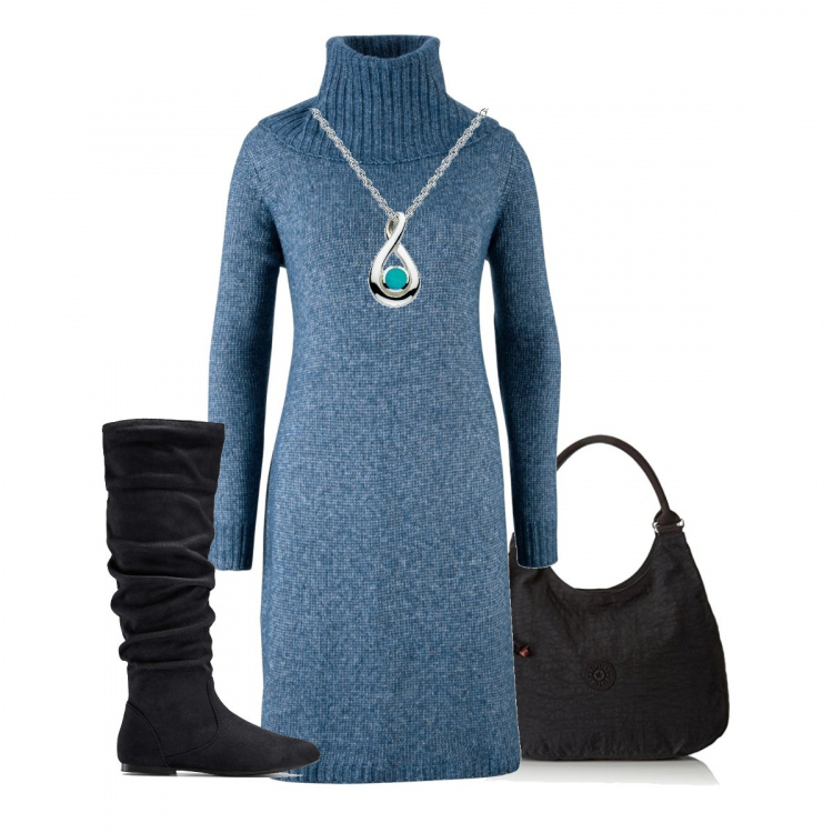 Outfit donna - Pronta e via. Stile Basic per Tutti i giorni. Abbinamento con stivali, vestito forma svasata in in maglia blu, collana con ciondolo argento, borsa a tracolla con zip e tasche nero.