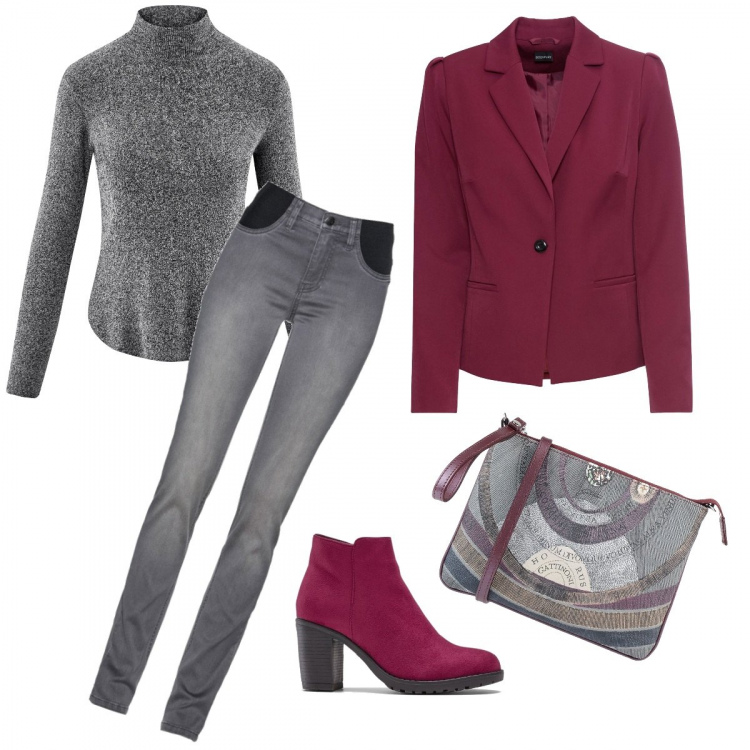 Outfit donna - Giro cantine a tema. Stile Bon Ton per Tutti i giorni. Abbinamento con jeans, blazer viola, stivaletti, borsa a mano mini fantasia multicolore con zip interno foderato in pelle sintetica con tasca interna, maglioni.