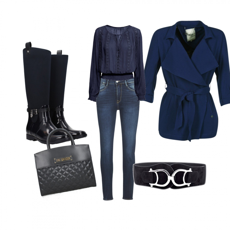 Outfit donna - Easy chic. Stile Basic per Tutti i giorni. Abbinamento con cinture, bluse, stivali blu, borsa a mano con logo frontale nero, trench blu, jeans skinny.