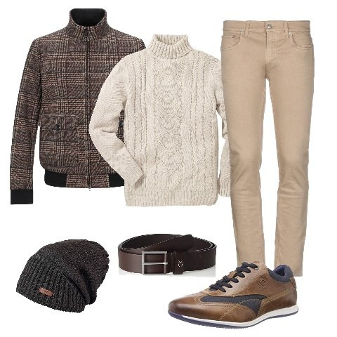 Outfit uomo - Un appuntamento con gli amici. Stile Casual per Serata speciale. Abbinamento con maglieria, giubbotto fantasia collo alto a maniche lunghe con zip in in maglia monopetto, jeans slim fit, scarpa sportiva, berretto beanie taglia unica marrone, cinture.