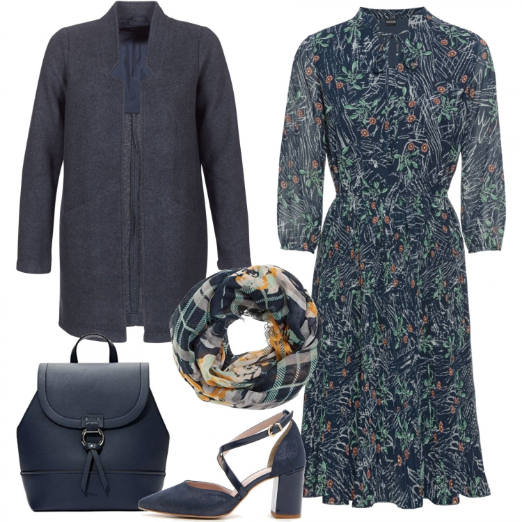 Outfit donna - Inspo Emme by Marella. Stile Bon Ton per Ufficio. Abbinamento con pantaloni, cappotto blu, décolleté, zaini, stola.