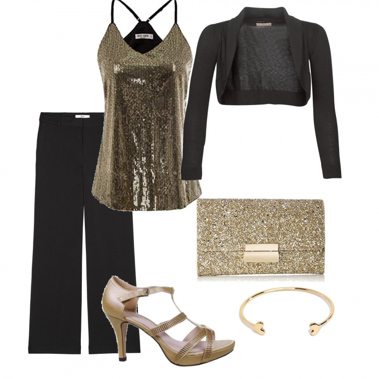 Outfit mujer - Oro y negro, para la noche.. Estilo Sexy para Noche/Fiesta elegante. Combinación con top, pantalone nero, clutch, maglioncino, sandalias oro, pulseras.