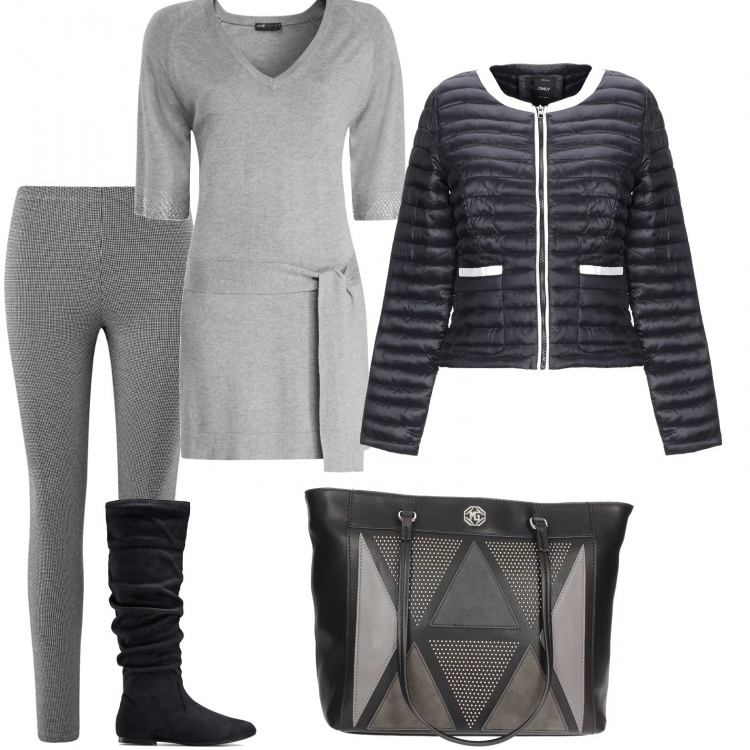 Outfit donna - A lavoro basic. Stile Basic per Ufficio. Abbinamento con stivali, piumino collo tondo a maniche lunghe con zip interno imbottito in tessuto tecnico tinta unita, shopping bag nero, tunica con strass in in maglia lunga grigio, leggings con stampa in in maglia aderente grigio.