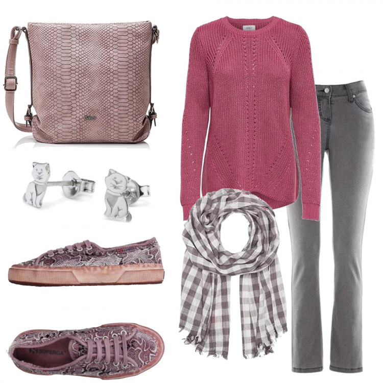 Outfit donna - Comoda con gusto. Stile Basic per Tutti i giorni. Abbinamento con jeans slim fit, sneakers, pullover, borsa a tracolla rosa, sciarpa.