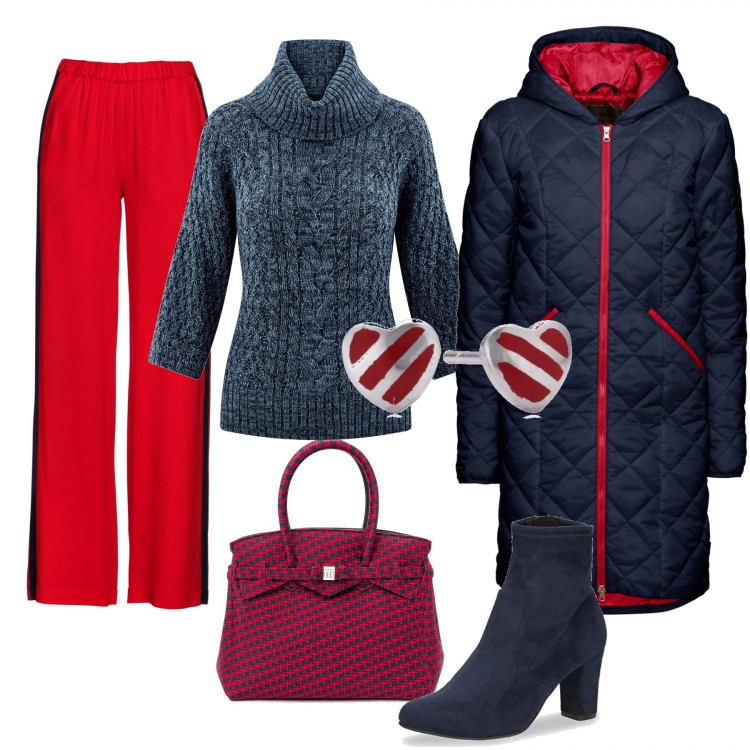 Outfit donna - Autunno dinamico. Stile Urban per Ufficio. Abbinamento con blazer, pantalone wide leg con bande laterali contrasto rosso, maglione, stivaletti elasticizzato blu, borsa con stampa a clip rosso e nero.