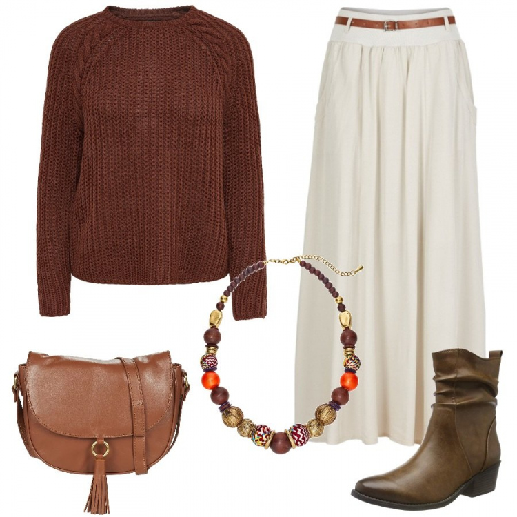 Outfit donna - Country girl. Stile Etnico per Tutti i giorni. Abbinamento con gonne lunghe, collane, maglione rosso, borsa a tracolla, stivaletti.