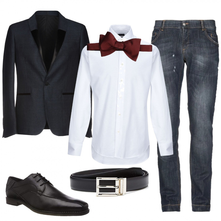 Outfit uomo - Tuxedo e jeans per una festa loca. Stile Business/Elegante per Serata speciale. Abbinamento con cravatte e papillon in raso tinta unita, jeans, giacca con spacco posteriore collo con revers a maniche lunghe interno foderato in raso con tasche, camicia collo classico a maniche lunghe in cotone tinta unita, cintura, scarpe stringate.