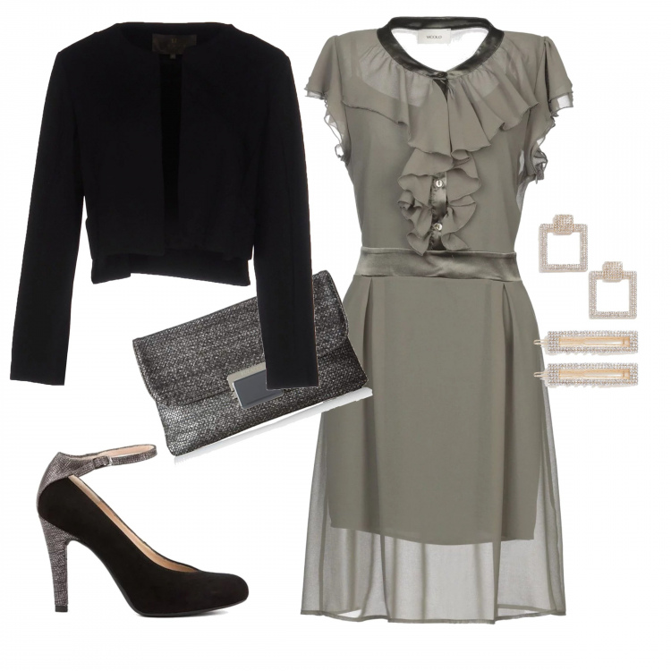Outfit mujer - Fiesta/ceremonia. para Noche/Fiesta elegante. Combinación con clutch nero, zapatos de tacón, vestito in raso, accesorios para el pelo petite, giacca.