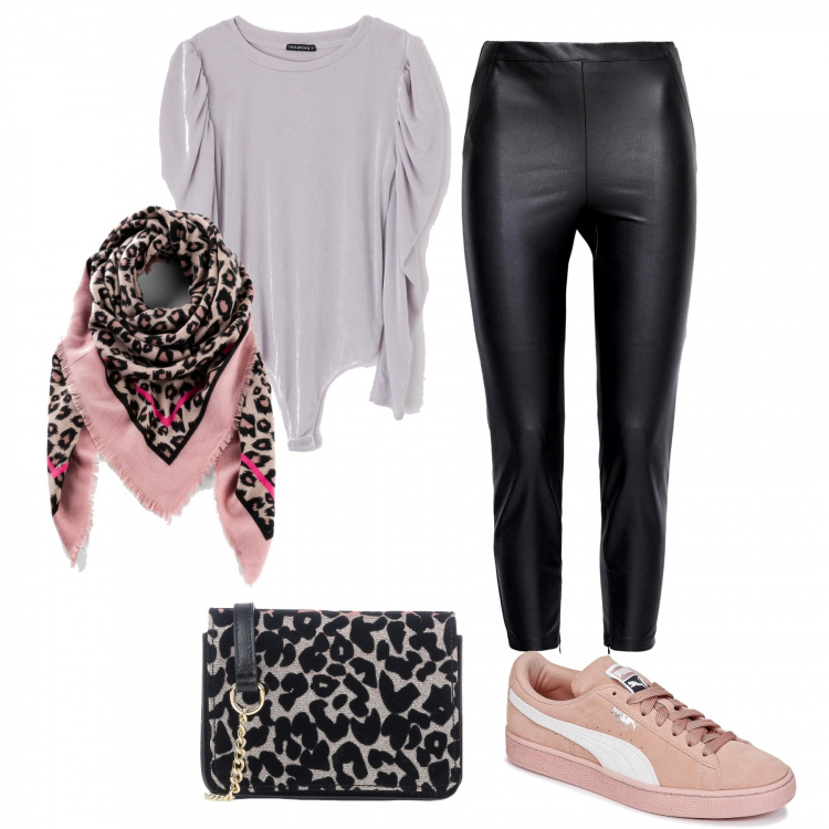 Outfit donna - A lavoro animalier. Stile Rock per Ufficio. Abbinamento con foulard, borsa a tracolla petit fantasia glitter in velluto, body girocollo tinta unita grigio, sneakers, pantalone nero.