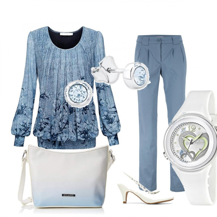 Outfit donna - Blue and white. Stile Bon Ton per Tutti i giorni. Abbinamento con pantaloni chino, décolleté pumps bianco, t-shirt girocollo a maniche lunghe elasticizzato azzurro, orecchini in argento 925 blu, orologi, borsa a tracolla blu e pastello.