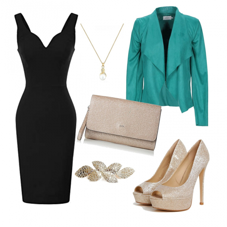 Outfit mujer - Noche de fiesta. Estilo Sexy para Noche/Fiesta elegante. Combinación con vestidos tubo, clutch beige, collana, zapatos de tacón, giacca, completo petite in denim.