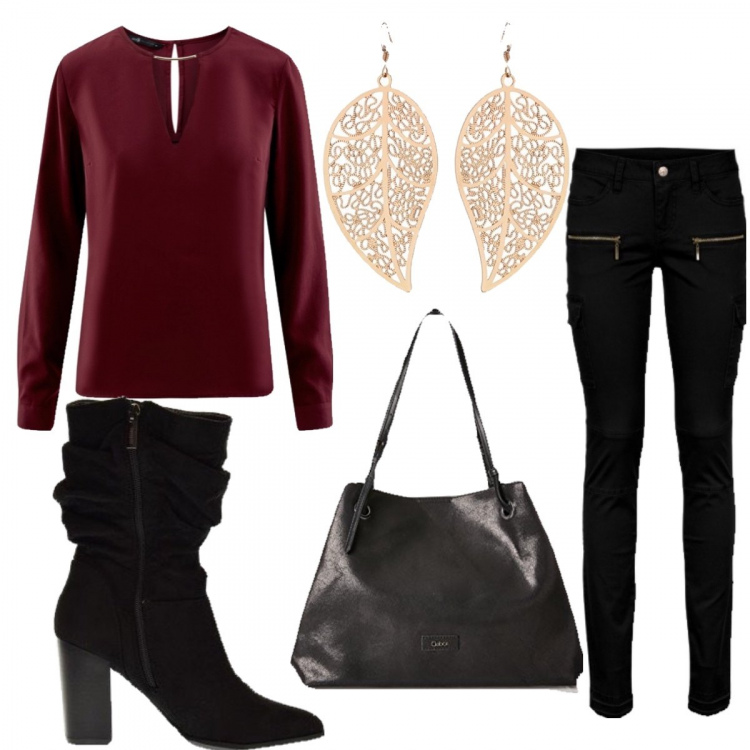 Outfit donna - Rosso Merlot caldo. Stile Urban per Tutti i giorni. Abbinamento con pantaloni cargo, scarpe, camicetta a goccia con stampa tinta unita rosso, borsa a spalla, orecchini pendenti oro e giallo.