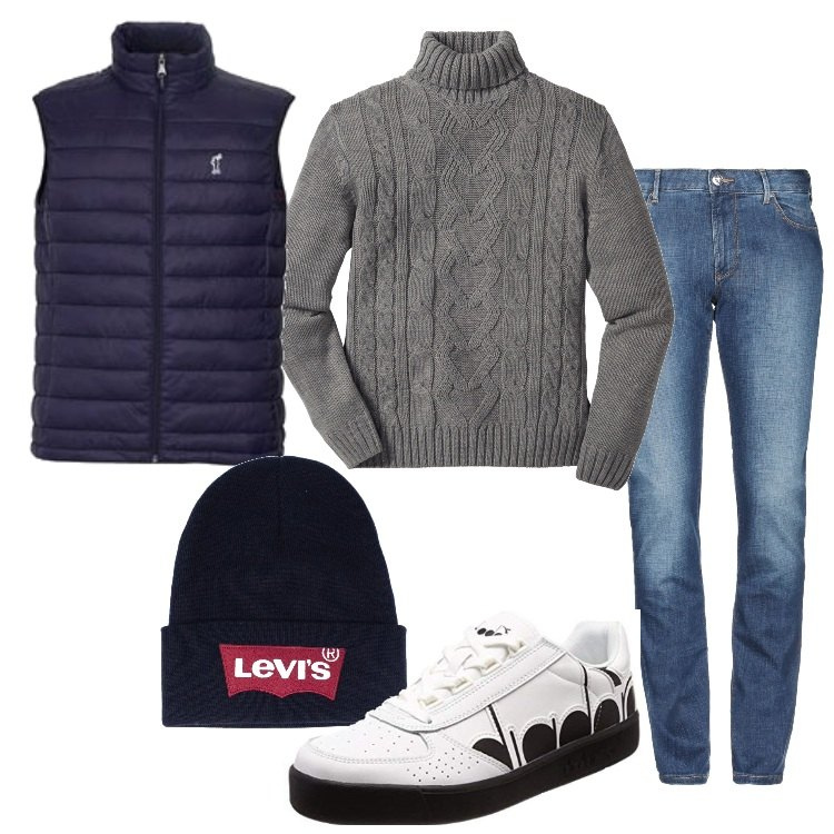 Outfit uomo - Smanicato imbottito e dolcevita. Stile Casual per Tutti i giorni. Abbinamento con maglieria, jeans delavé con zip in denim tinta unita, berretti, giubbotto senza maniche con zip navy, scarpe sport bianco.