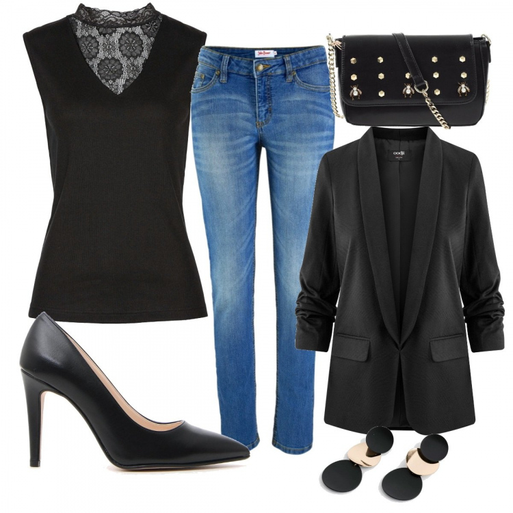 Outfit donna - In discoteca. Stile Sexy per Serata fuori. Abbinamento con jeans skinny, jeans skinny, orecchini, borsa a mano, blazer in in maglia aderente nero, décolleté.