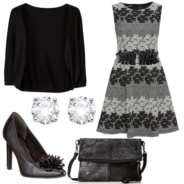Outfit donna - Per la festa di compleanno. Stile Chic per Serata fuori. Abbinamento con vestiti midi/longuette, jeans dritti, cintura, scarpe con tacco nero, pochette, orecchini in argento 925 argento.