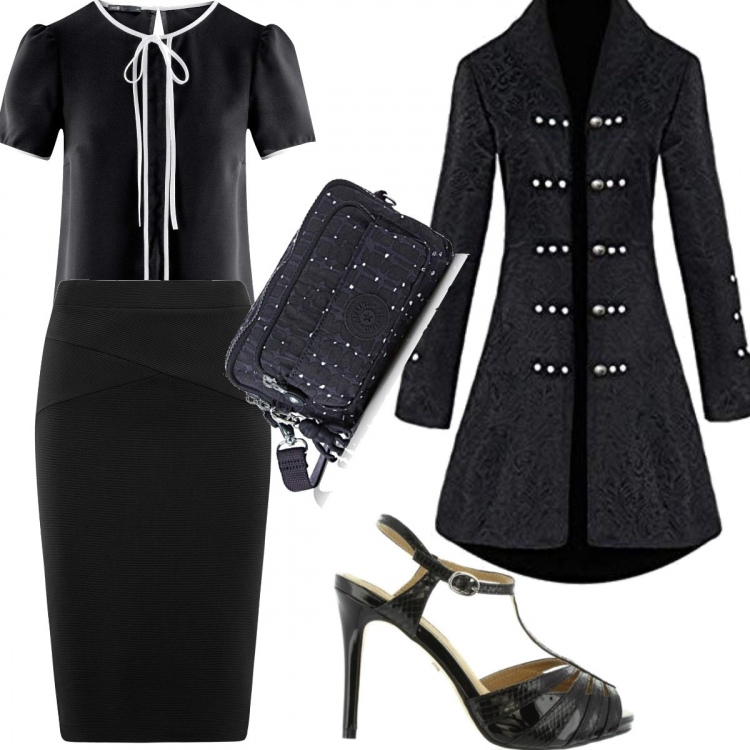 Outfit mujer - Total black. Estilo Sexy para Noche/Fiesta elegante. Combinación con vestito fantasia floreale jacquard, blusa, cintura midi, bolsos de hombro, sandalias.