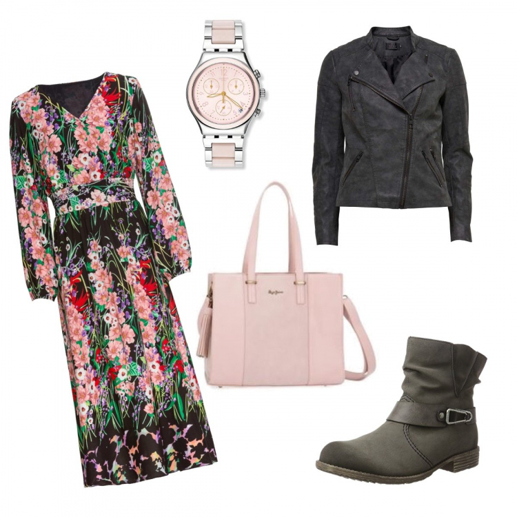 Outfit donna - Trendy #28045. Stile Trendy per Tutti i giorni. Abbinamento con vestiti midi/longuette, blazer, borsa a tracolla con frange e zip con tracolla regolabile rosa, stivali, orologio in acciaio inox argento.