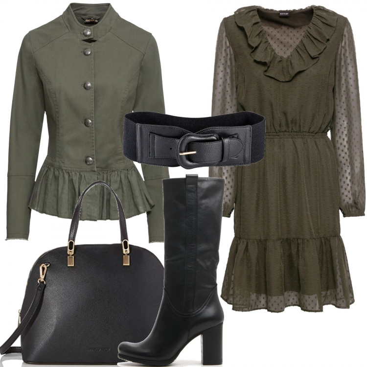 Outfit donna - La cintura in vita. Stile Trendy per Serata fuori. Abbinamento con cinture, vestito con volant e scollo verde, blazer, stivali con tacco largo e punta tonda nero, borse a mano.