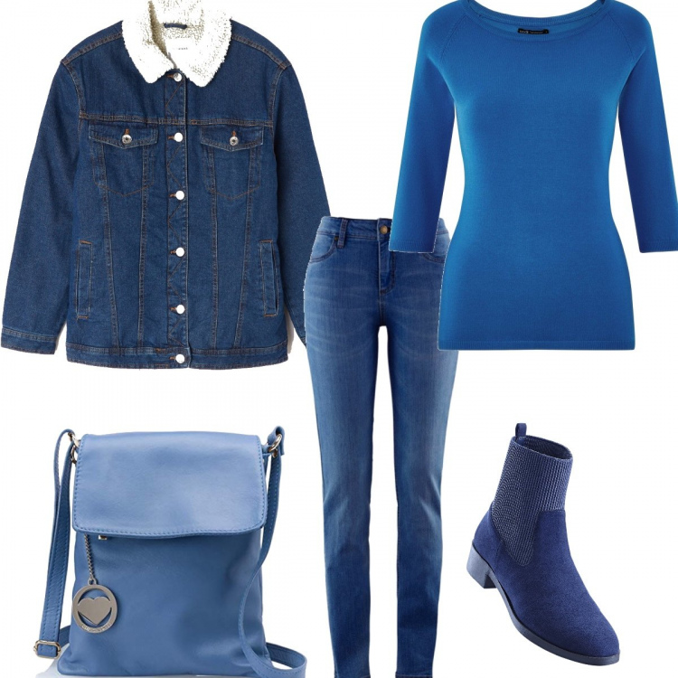 Outfit donna - #Mi vesto bene con poco. Stile Urban per Scuola/Università. Abbinamento con jeans skinny, maglieria, giubbotto in denim blu, pullovers, shopping bag in denim blu.