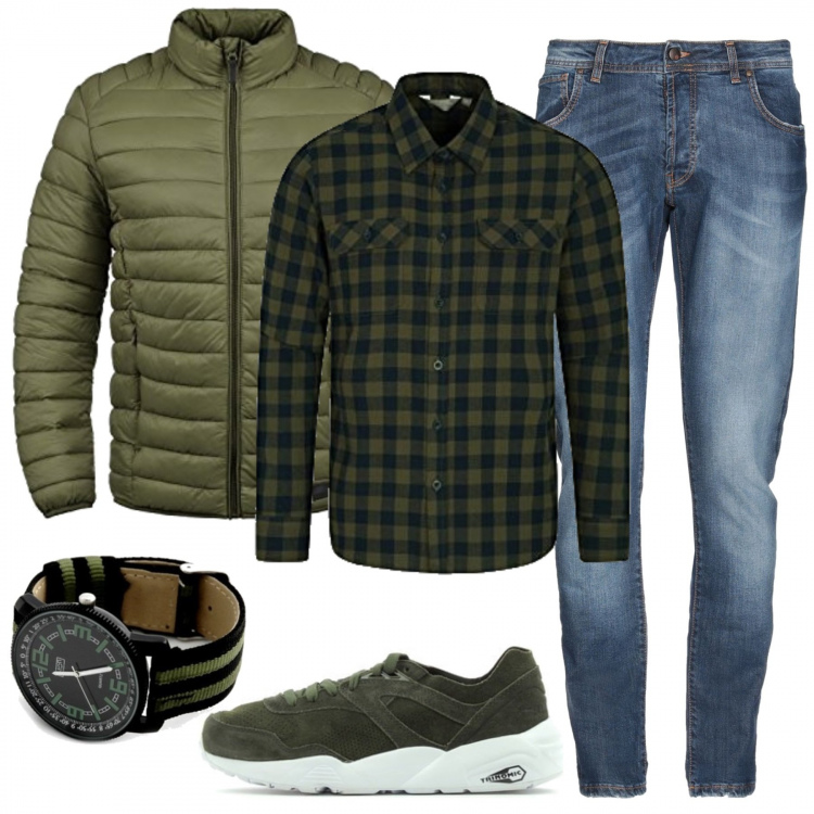 Outfit uomo - Weekend in campagna. Stile Casual per Tutti i giorni. Abbinamento con jeans a tubo delavé in denim tinta unita, scarpe verde, orologio a righe nero e verde, giubbotto collo alto con zip e polsini oliva, camicia.
