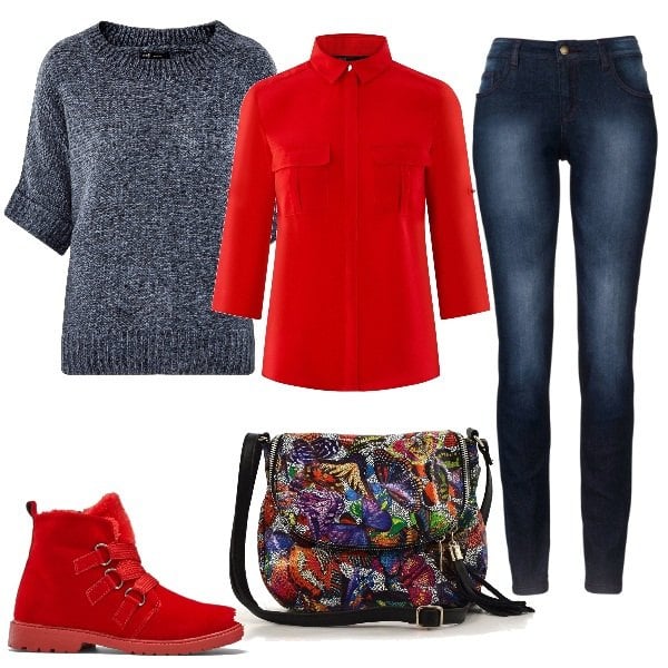 Outfit donna - Versatile. Stile Basic per Tutti i giorni. Abbinamento con jeans skinny, stivaletti, borsa a tracolla rosso, camicetta con taschini rosso, maglione.
