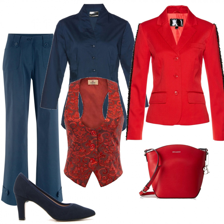 Outfit donna - Mondaystyle tacchi in ufficio. Stile Urban per Ufficio. Abbinamento con camicie, pantalone forma svasata fantasia con laccetti elasticizzato blu, cardigans, gilet, borsa a tracolla rosso, décolleté.