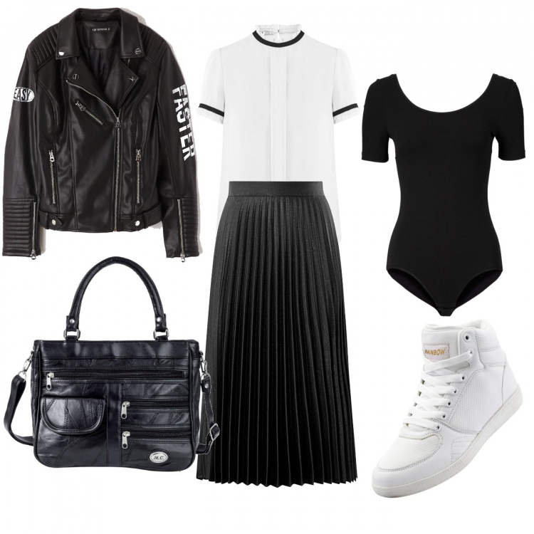 Outfit donna - Un provino di danza.... Stile Rock per Sport. Abbinamento con body, pantaloni, borse a mano, giubbino in ecopelle tinta unita nero, gonne lunghe, camicetta contrasto aderente bianco.