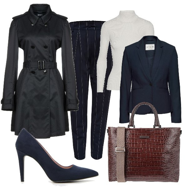 Outfit donna - Monday style. Stile Basic per Ufficio. Abbinamento con blazer, soprabito, borsa da lavoro maxi con stampa e zip interno foderato in pelle con scomparti, pullovers, pantaloni chino, décolleté effetto scamosciato in pelle sintetica blu.