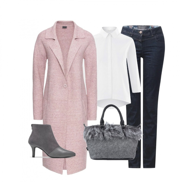 Outfit donna - Il cappotto di maglia. Stile Basic per Tutti i giorni. Abbinamento con cappotti, tronchetti con zip grigio, borsa a mano maxi, jeans slim fit taglio dritto blu, camicie.