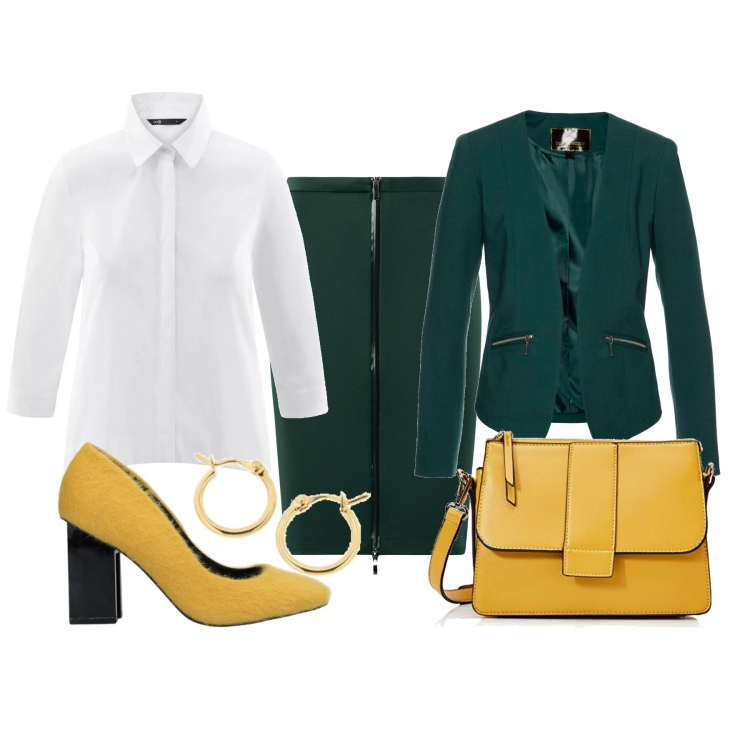Outfit donna - Il giallo sul verde. Stile Trendy per Ufficio. Abbinamento con blazer, décolleté con tacco squadrato e punta tonda tinta unita, gonne, corpo, camicie, orecchini.