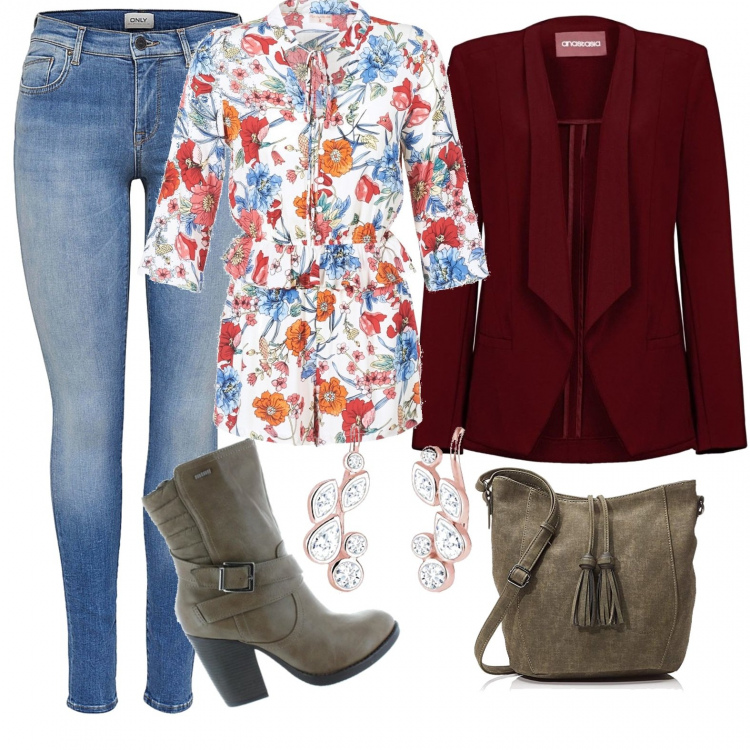 Outfit mujer - Nos vamos al cine.. Estilo Urban para Noche/Fiesta elegante. Combinación con borsa a tracolla verde e kaki, pendientes, botas y anfibios multicolore, jumpsuit multicolore, blazer, vaqueros.